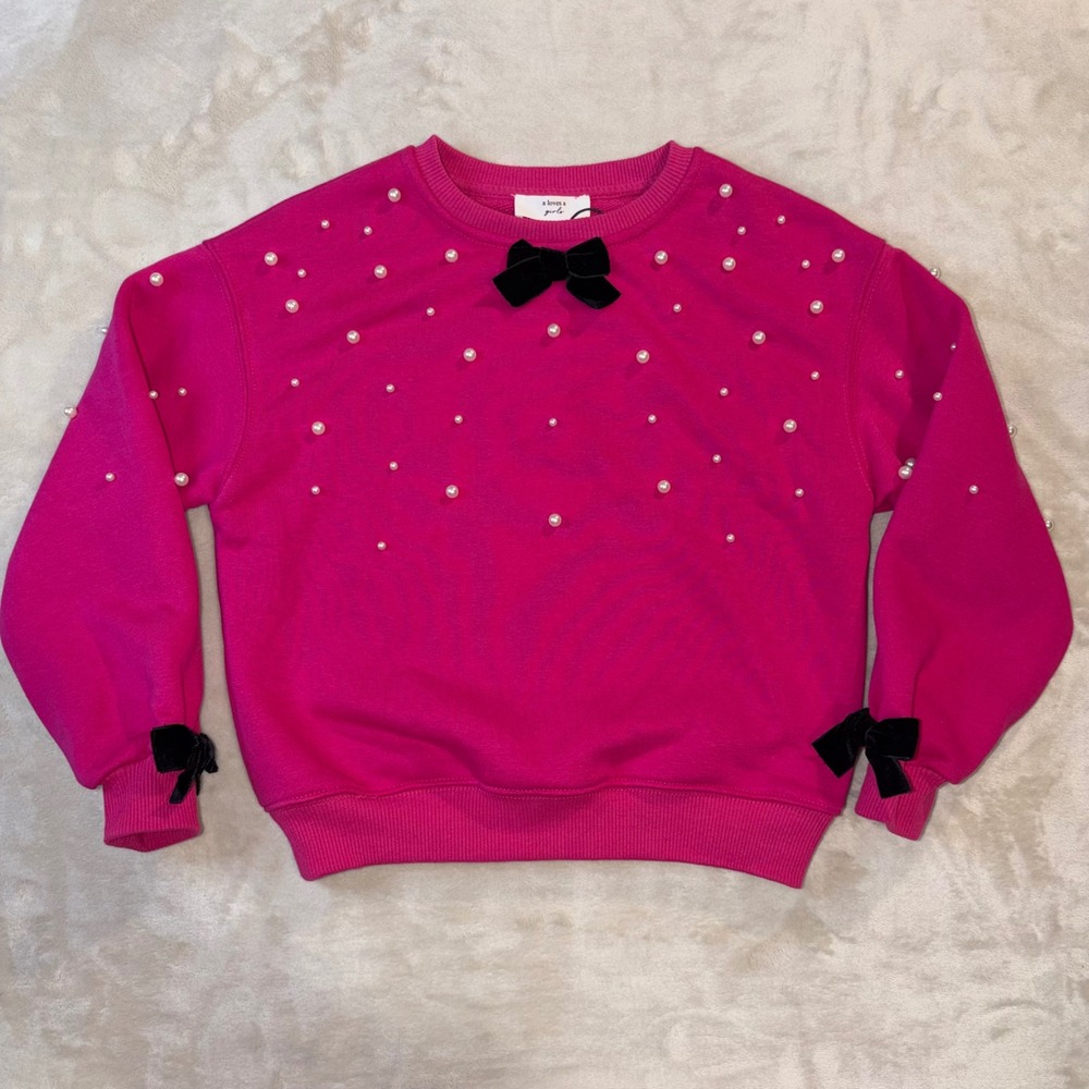 A Loves A Girls Azalea Pink Pearl Embellished Velvet Bow Sweatshirt S OK2111CTY